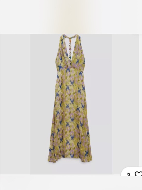 Zara Dresses & Skirts - Zara Yellow Floral Halter Midi Dress with Pink & Blue Accents